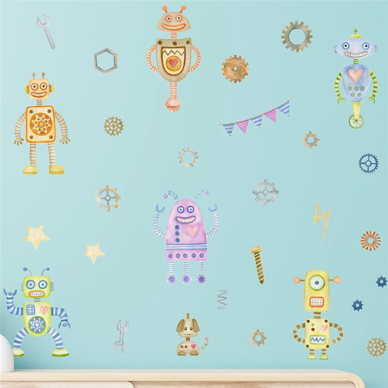 Funny Robot Wall Stickers For Kids Bedroom Home Decoration Diy Cartoon Pattern Mural Art Pvc Decals Baby's Poster