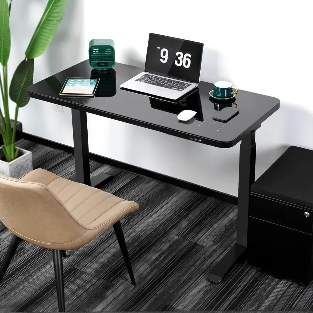 Glass Top Standing Desk with Wireless Charging with Drawer Dual Motor Electric Adjustable Height Desk with USB Type-C/A Port