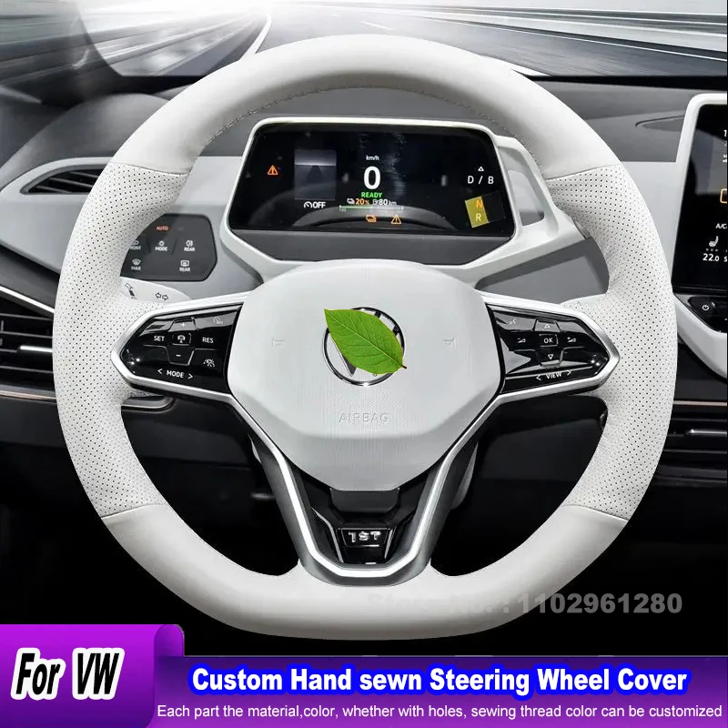 

Hand-sewn Durable White Smooth Leather Steering Wheel Cover For Volkswagen VW ID3 ID4x 2022 2023 Car Interior Accessories