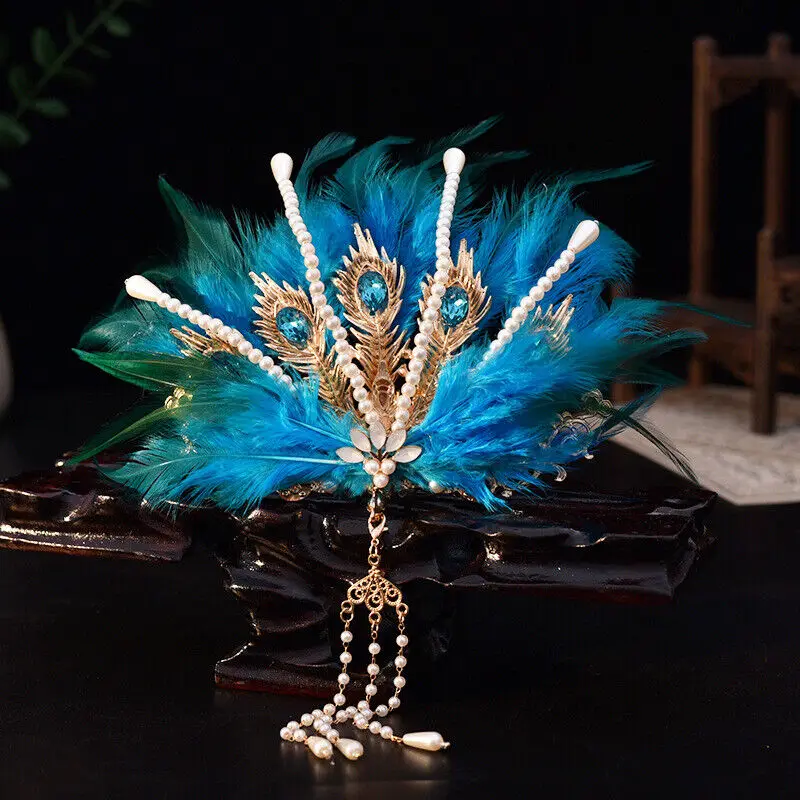 Traditional Chinese Feather Hairwear Gorgeous Hair Jewelry Headpiece Hanfu Accessory Bride Wedding Phoenix Tiara Crown Girls New