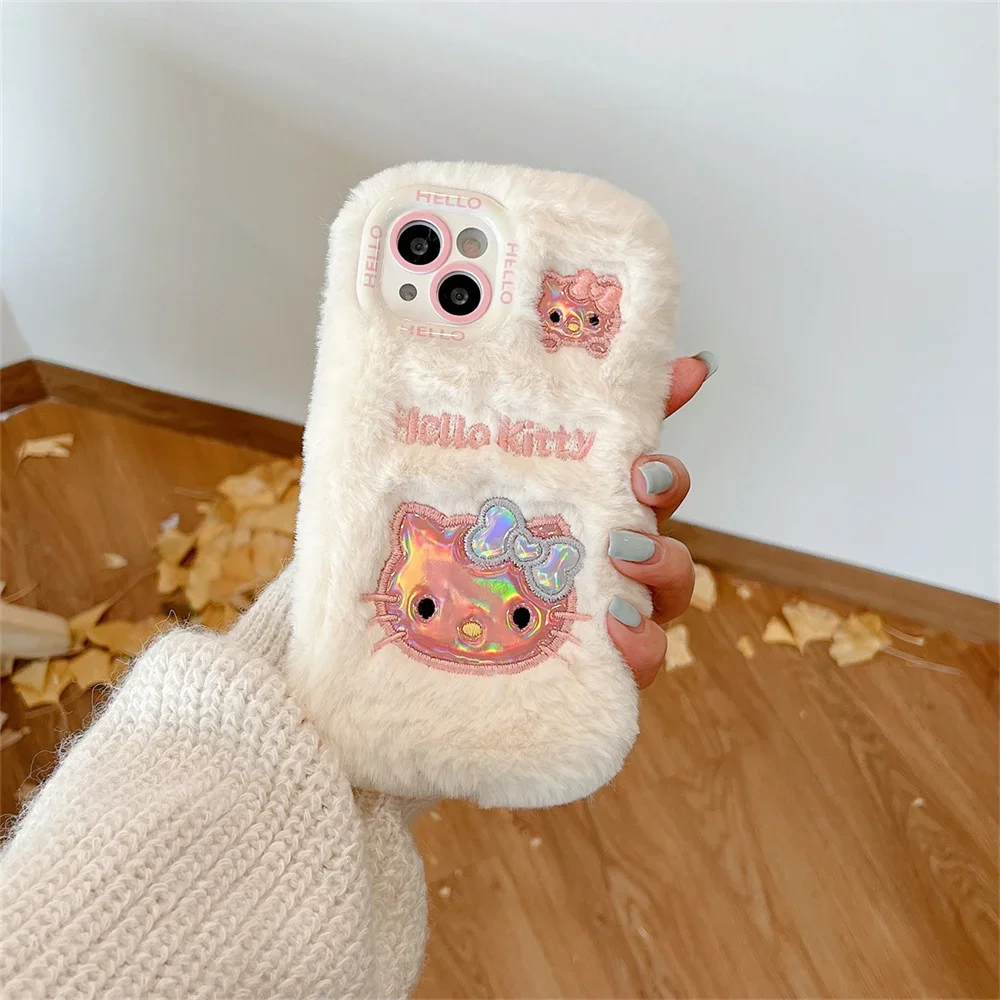 Cute Cartoon Anime Role Hello Kitty Plush Phone Case for IPhone 11 12 13 14 15 Pro Max Soft Lovely Fuzzy Anti-fall Back Cover