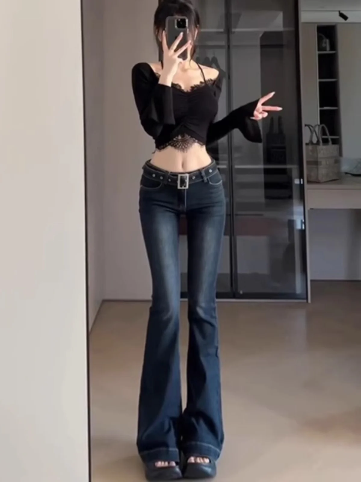 

Dark Blue Low Rise Slim Fit Flared Jeans for Women Autumn Tall Fit Elongated Hem Floor Length Pants Stylish and Slimming Denim