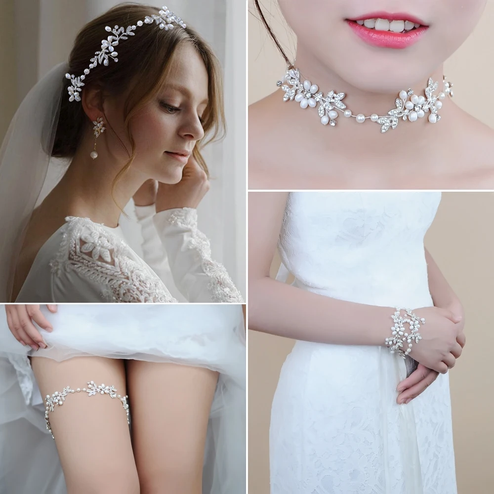 Silver Ladies Belt for Wedding Dress Sash Alloy Leaf Belt for Bride Bridal Dress Accessories Pearls Jewel Belt Leg Ring Headband