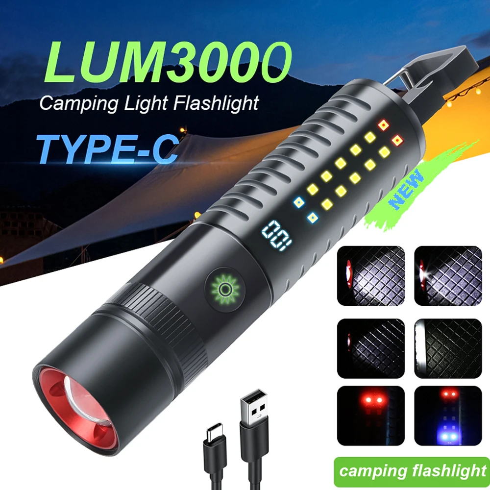 

LED+COB Flashlight 1200MaH Rechargeable Battery Torch 6 Modes Light With Hanging Hook Camping Fishing Working Emergency Lamp