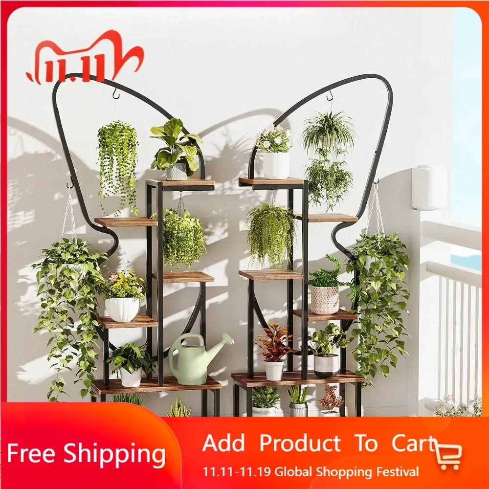 6-story indoor butterfly shaped plant rack, high metal plant rack with 6 plant hooks and 12 wooden boards, large ladder