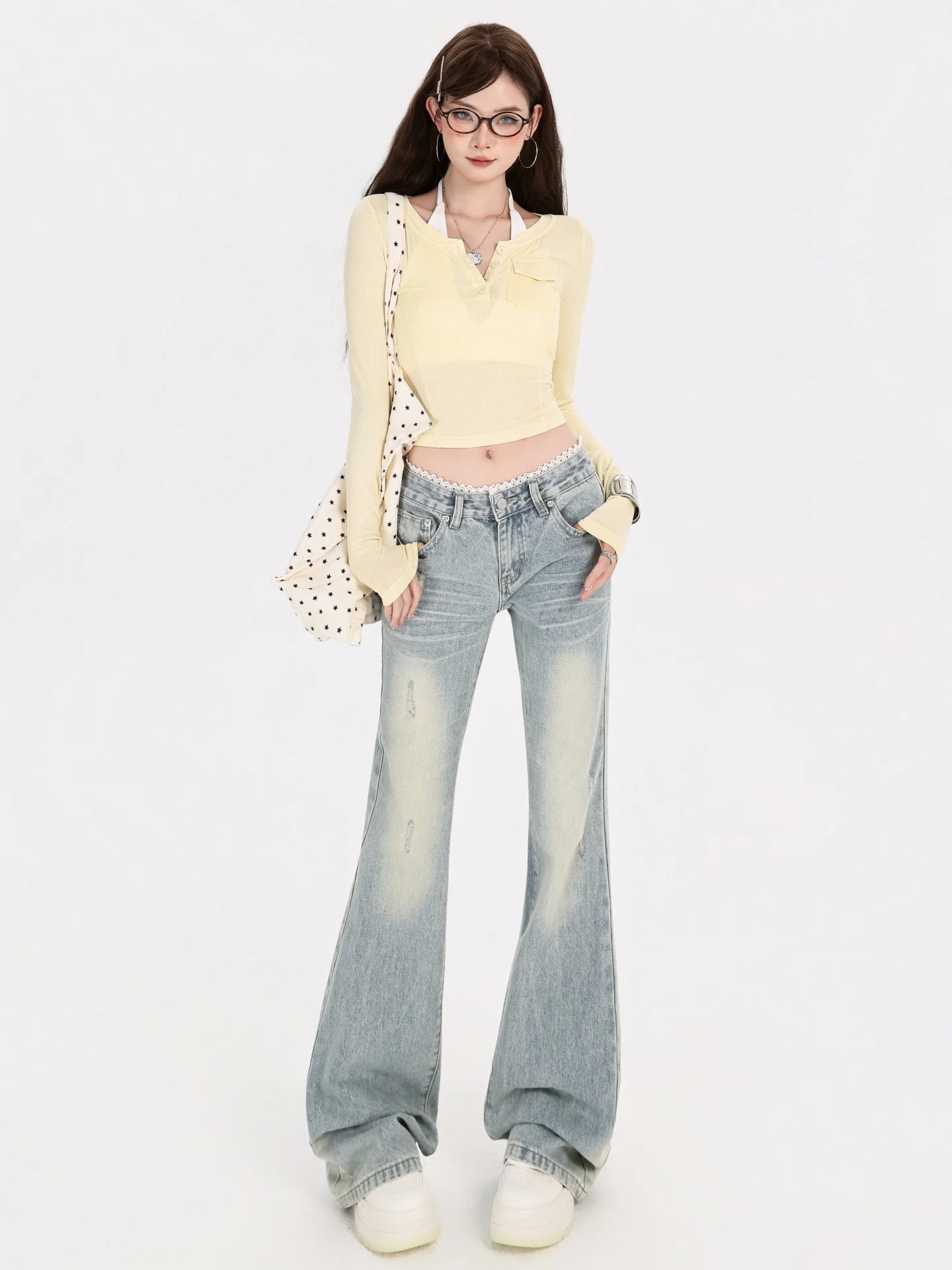 

High Waist Bell Bot Jeans Women's Lace Trim Micro Flared Denim Pants Spring New Sle Slimming Drapey Hoof Jeans