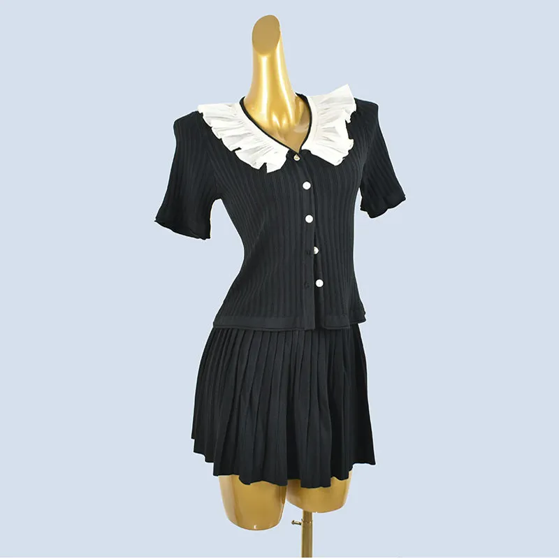 

Высококачественная летняя футболка из ледяного шелка ort Sve, кардиган, трикотажная юбка, комплект из двух предметов, женский круглый пуловер Faion Ne