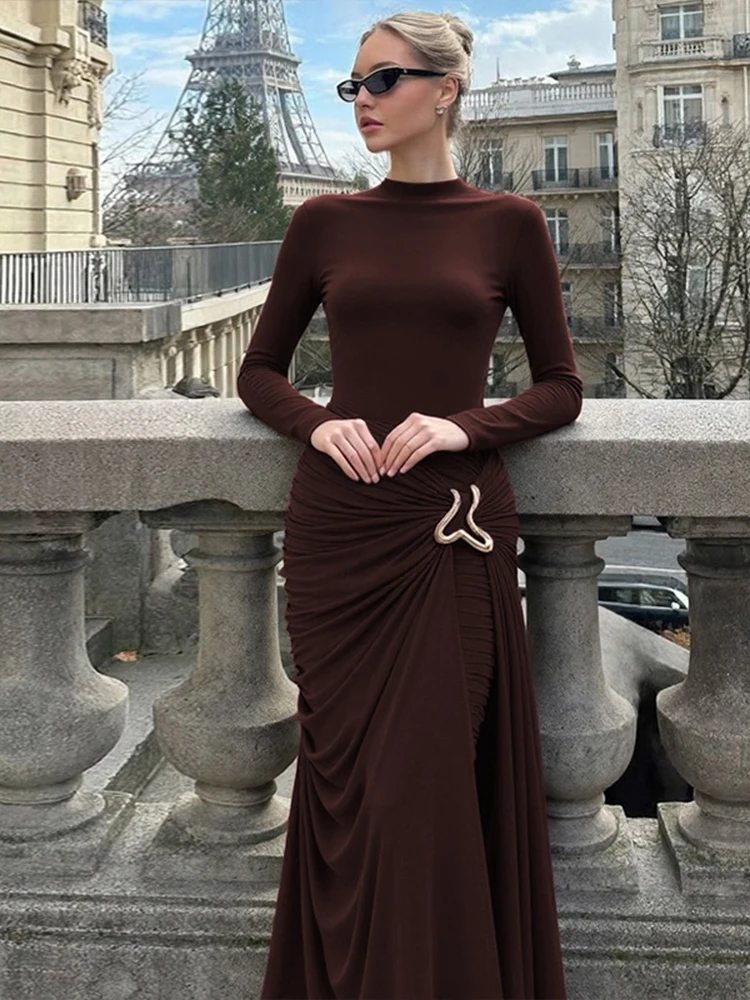 Weird Puss Elegant Ruched Dress Women Autumn Metal Trim o-Neck High Elasticity Trend Vacation Skinny Prom Party Chic Vestidos