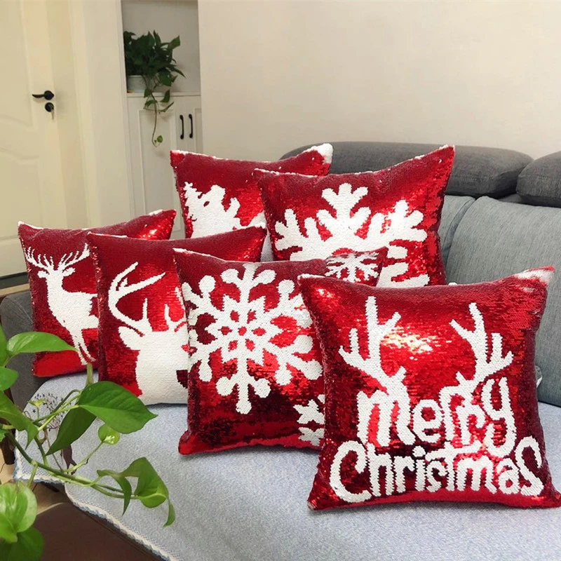 Christmas Sequin Cushion Cover Elk Snowflake Deer Head Pattern Pillow Cover Positional Embroidery Creative Festive Atmosphere