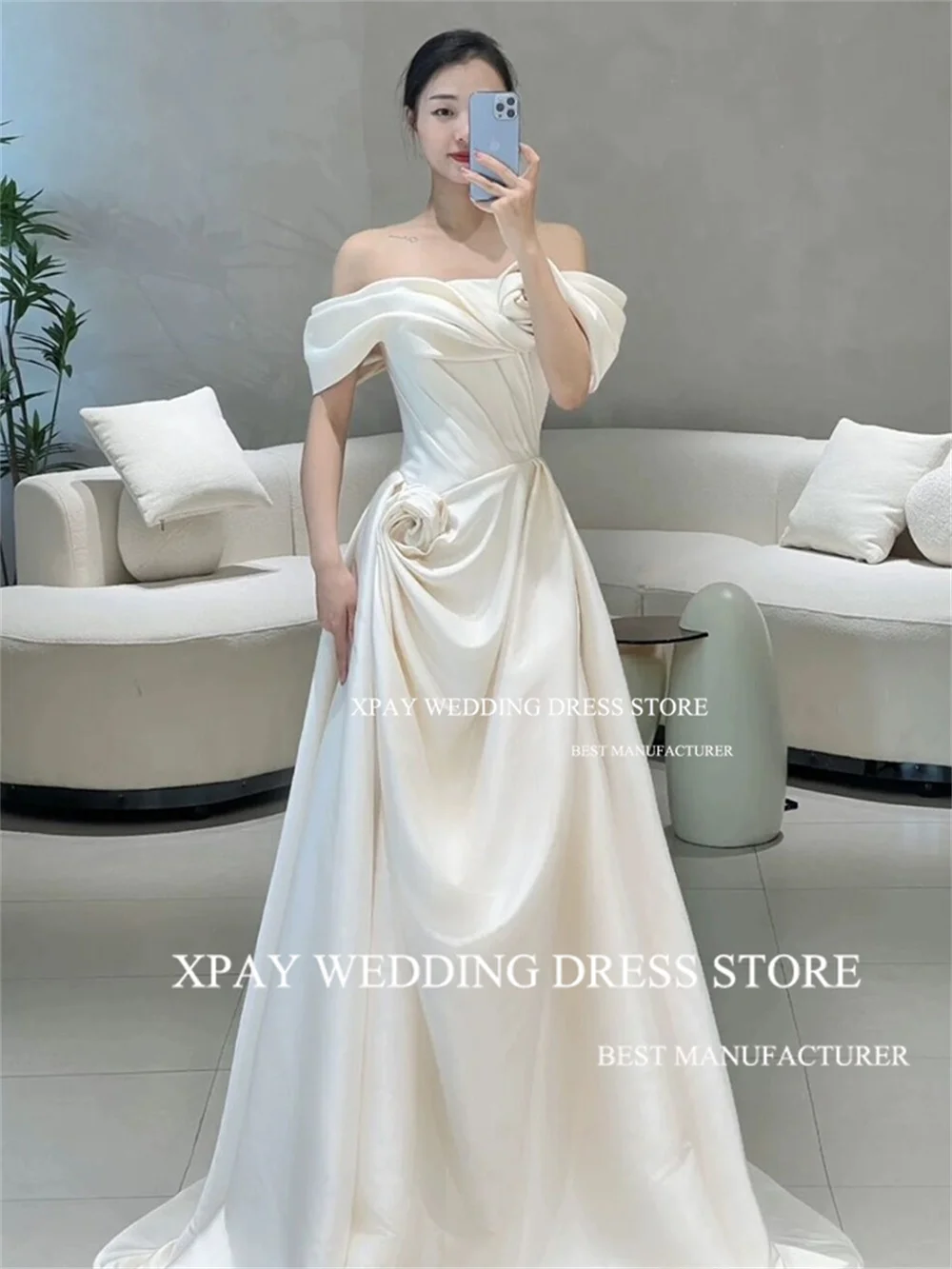 Xpay klassische Korea Satin Brautkleider 3d Blumen Falten Brautkleid Fotos schießen Korsett rücken frei einzigartige elegante Braut Kleid