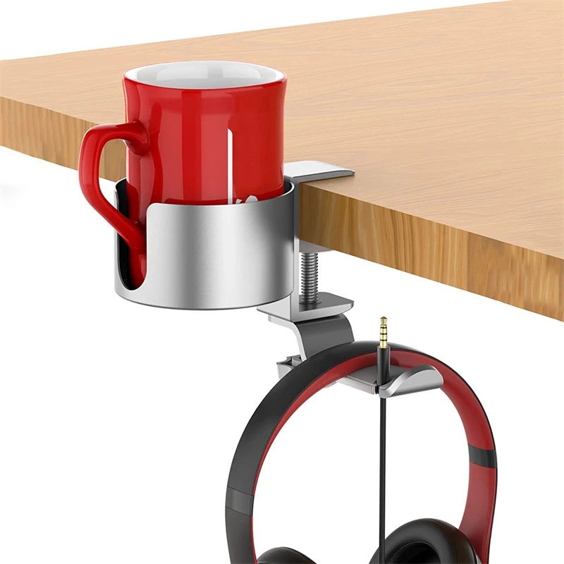 

2 In 1 Universal Gaming Headphone Holder Headset Hook Hanger Mount Under Desk Drink Cup Mug Rack Organizer with Clamp