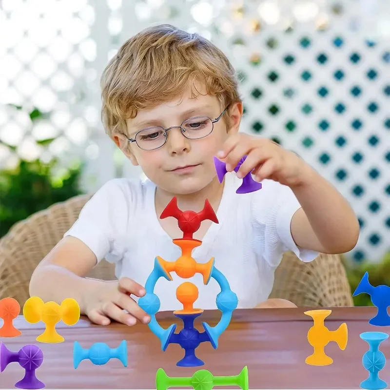 Soft TPR Suction Cup Building Blocks DIY Creative Educational Assembly Sensory Toys for Kids Toddlers Birthday Gift