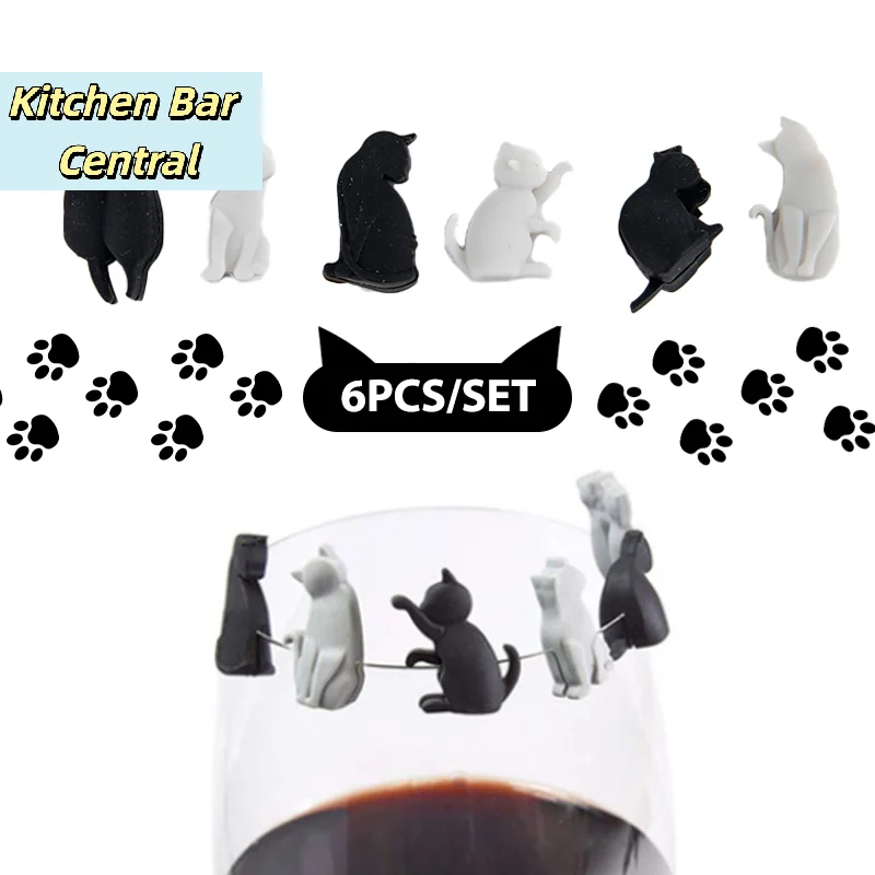 【6PCS Silicone Cat Wine Glass Marker Cup Identification Ring Party Accessories】
