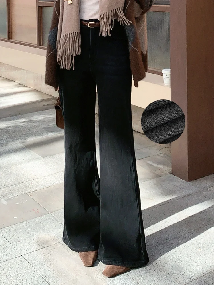 

MeiYang Deep Sea Denim Pants Thi Fce Широкие эластичные клетчатые теплые зимние длинные брюки с высокой талией Повседневные джинсы Sle Bootcut