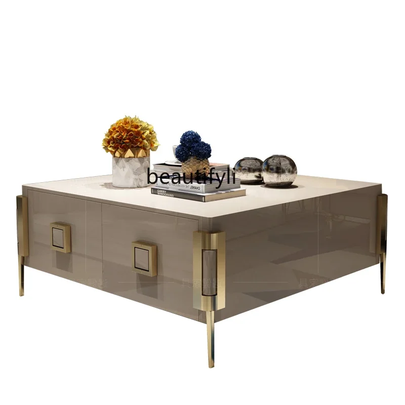 

Light luxury coffee table TV cabinet combination household American modern simple solid wood stainless steel square