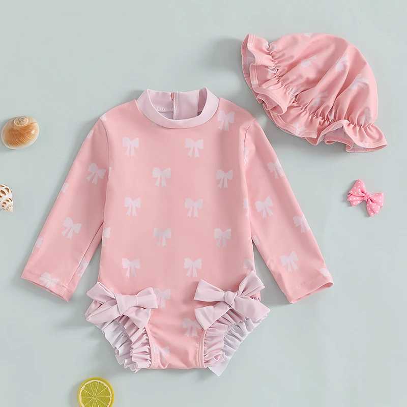 Maillot de bain à manches longues avec chapeau de soleil pour bébé fille, monokini à volants et imprimé avec nœud, tenue de bain pour nouveau-né de 3 mois à 3 ans