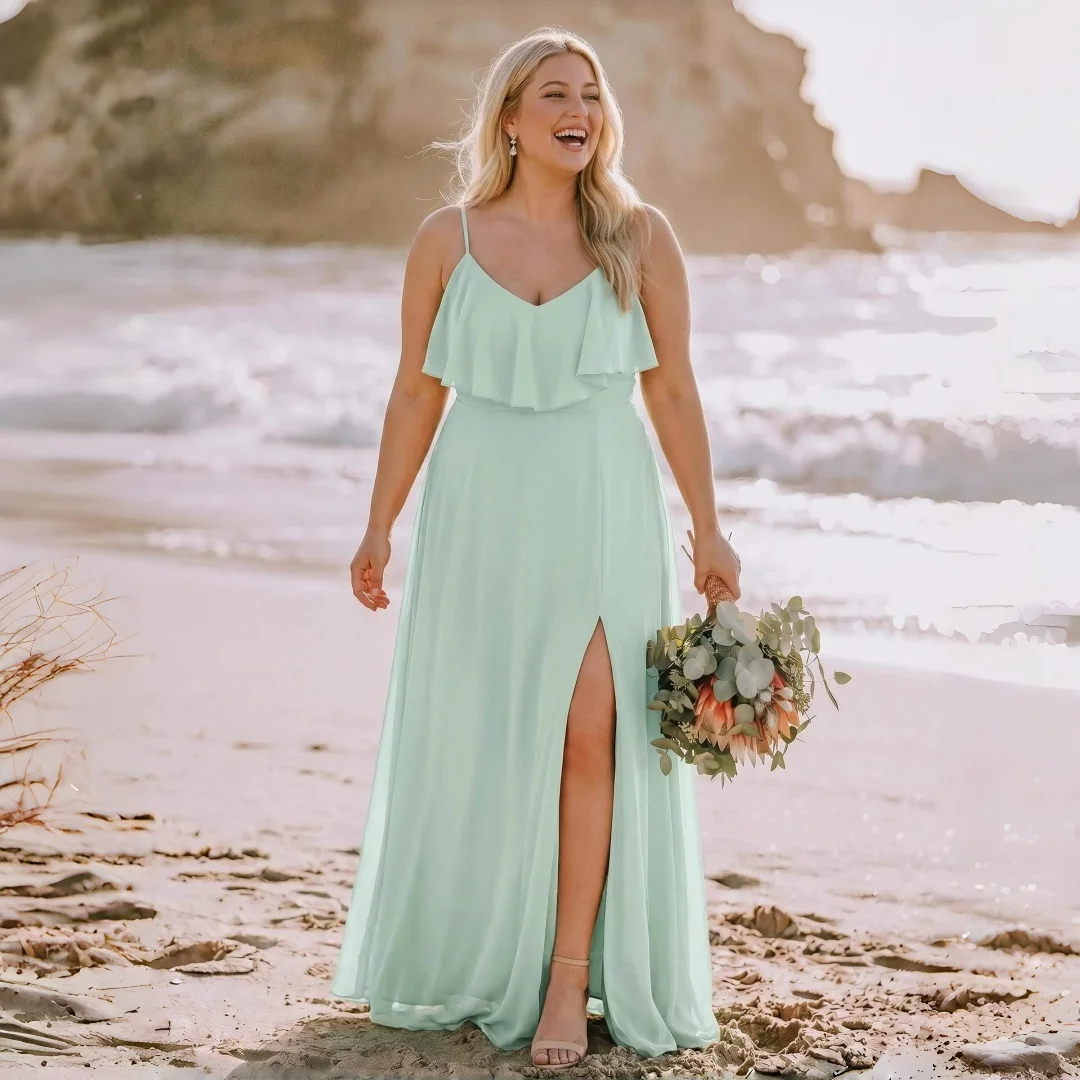 mint-green-plus-size-chiffon-bridesmaid-dresses-v-neck-ruffle-spaghetti-straps-high-slit-a-line-floor-length-formal-beach-gown