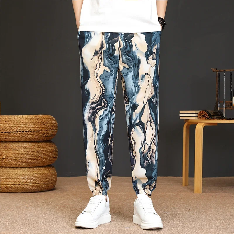 Fashion 2023 Summer Printed Men's Casual Leggings Cropped Pants Hip Hop Streetwear Drawstring Ankle-Length Jogger Youth Trousers