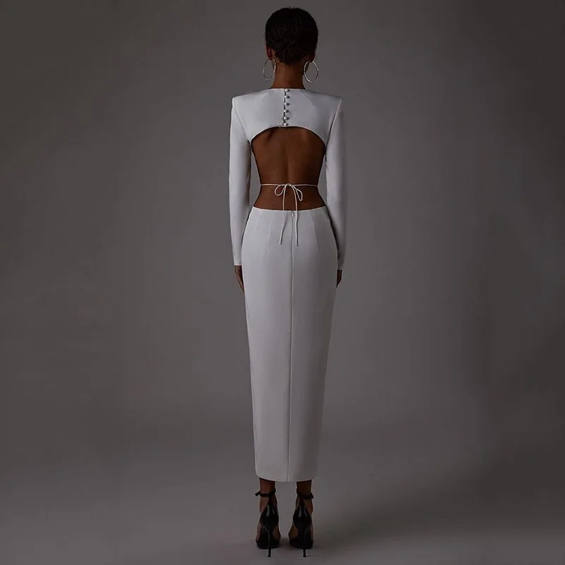 2024 Sexy manica lunga Slim Midi Cut Out Club abito da sera Backless abito nero per le donne eleganti abiti da festa primavera autunno