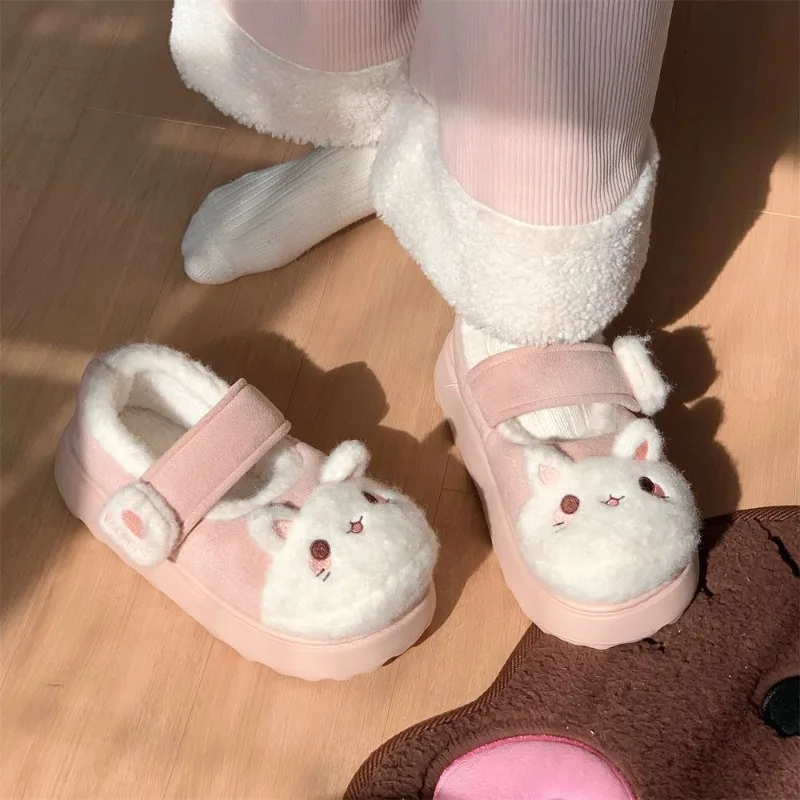 Original Japanese Autumn Winter Lolita Shoes Home Slippers Girls Soft Cute Cartoon Cat Indoor Cotton Magic Tape Thick Sole Shoes