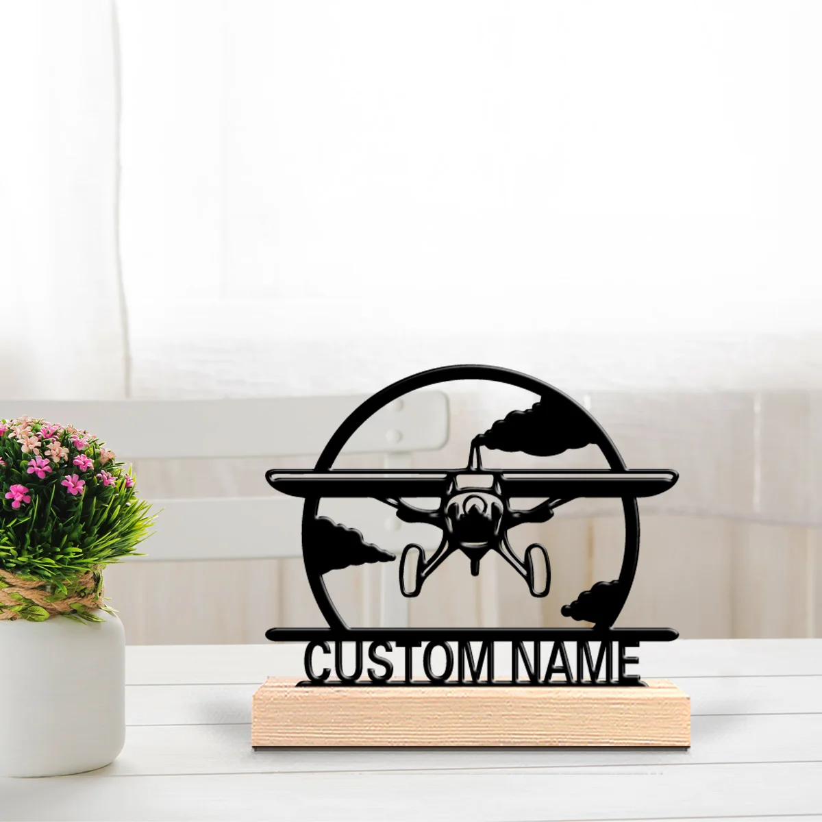 1pc New Design Personalized Custom Aircraft Metal Statues Metal Art With Wooden Base Perfect For Office, Man Cave, Retro Decor