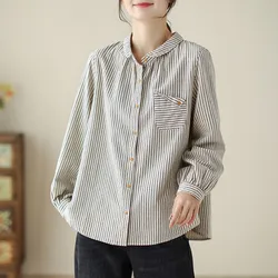 Dames Casual Shirt Met Lange Mouwen Nieuw 2024 Lente Koreaanse Stijl Vintage Gestreepte Losse Dames Basics Katoenen Tops Shirts B3254