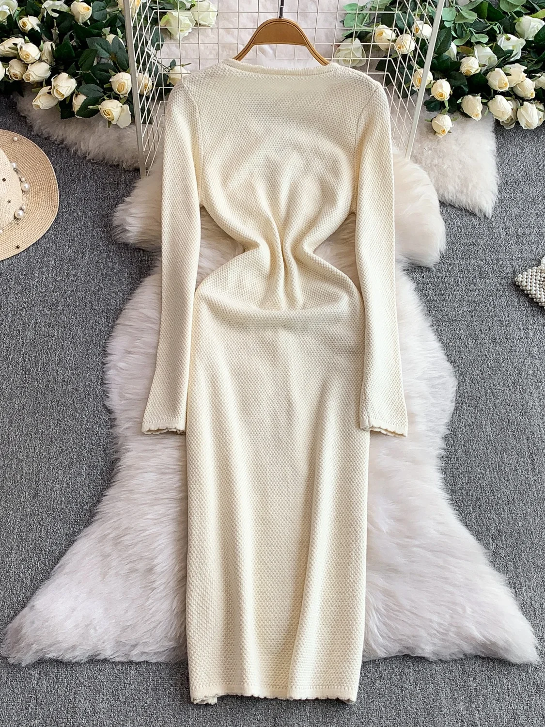 Ele Sweet Knot V-Ne Dr للسيدات للخريف والشتاء بقصة ضيقة وزر واحد طويل Dr Faionable عالي الخصر A-Li...