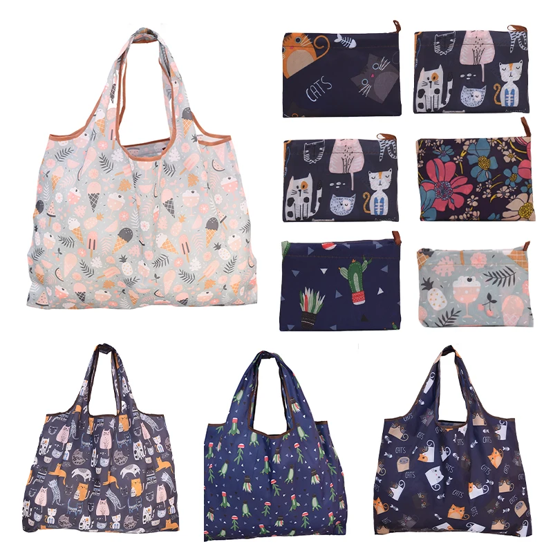 Fashion Printing Foldable Eco-Friendly Shopping Bag Tote Folding Pouch Handbags Convenient Large-capacity for Travel Grocery Bag