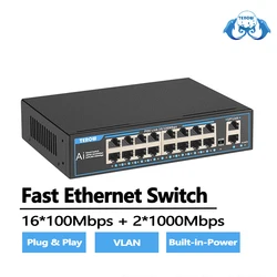 TEROW POE 고속 이더넷 스위치, IP 카메라용 내장 전원, 16 포트, 100Mbps POE + 2 포트, 1000Mbps, 업 링크 250W, 52V