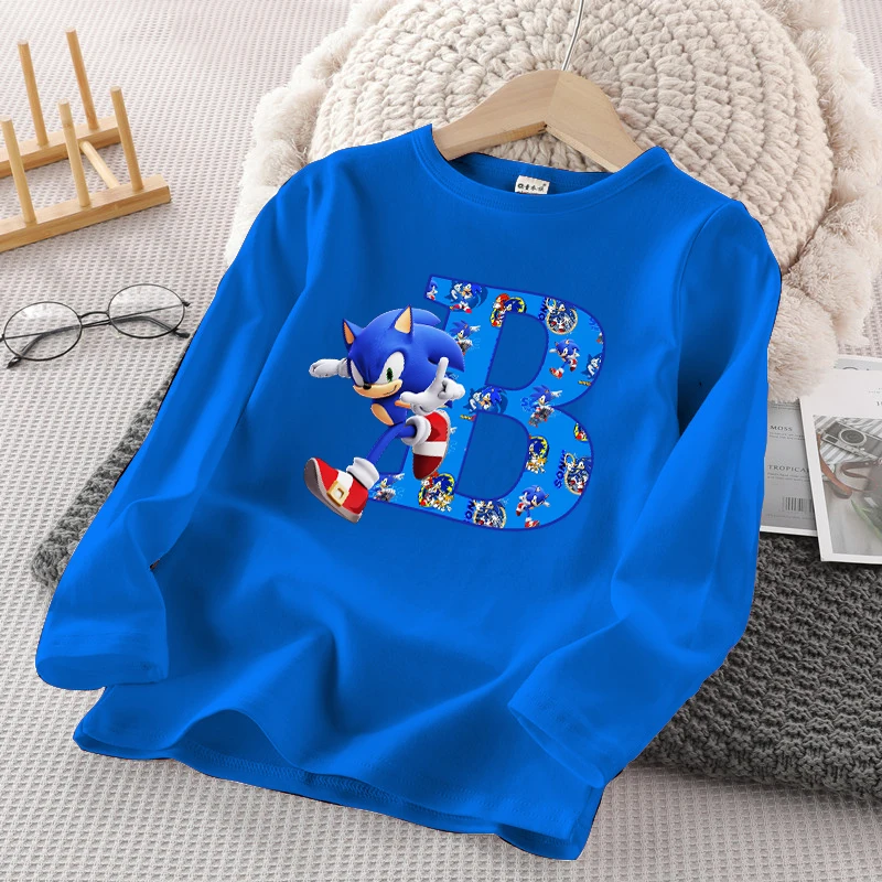 Sonics Children Boys Long Sleeve T-shirt Autumn Girls Cartoon Cute Printed letter Sweatshirt  Anime Casual Clothing Kids Gifts