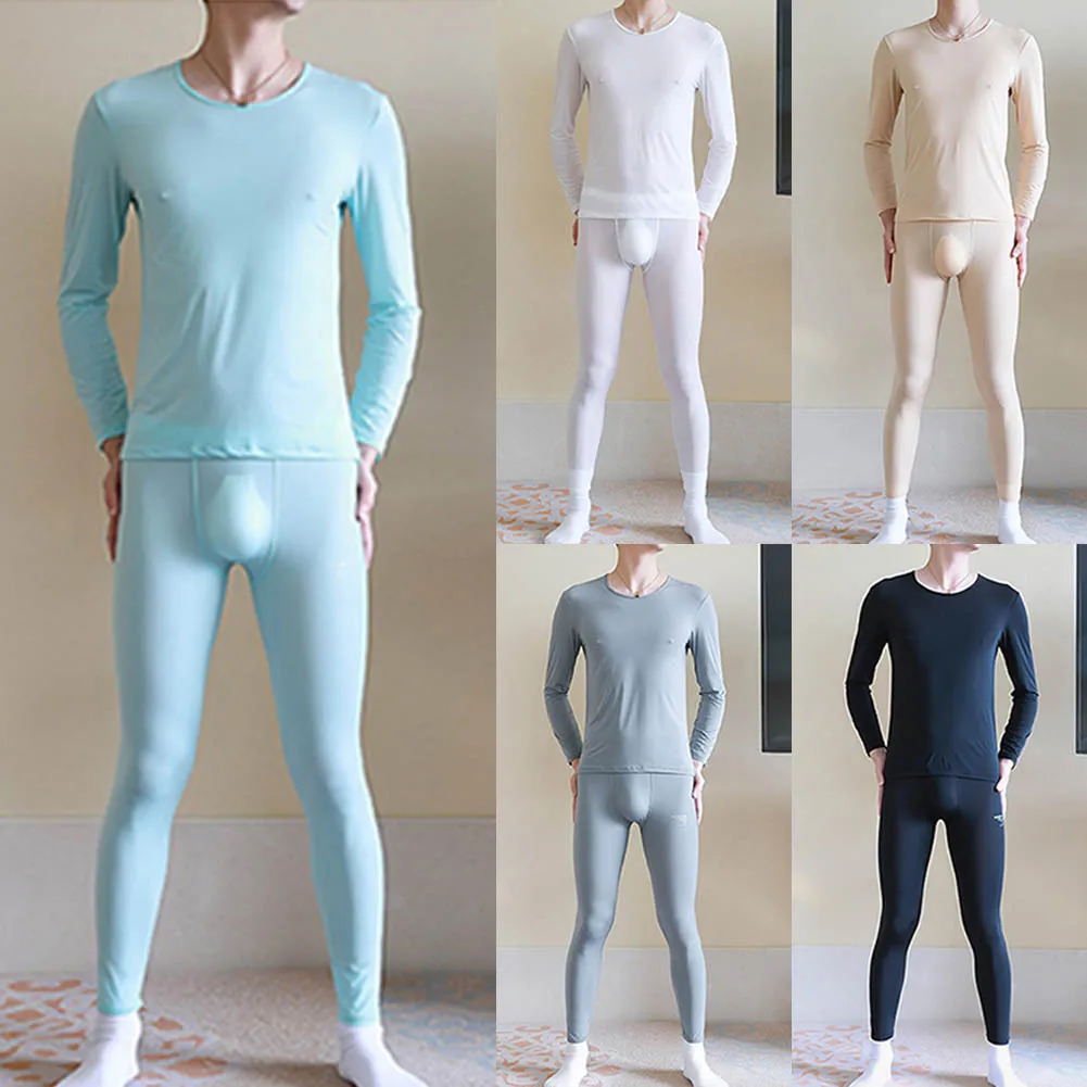 Men Slip Thermal Underwear Set Long Johns Pants Warm Top Ice Silk Bottoming Trousers Stretch Male Lingerie Sleepwear 2Pcs/set