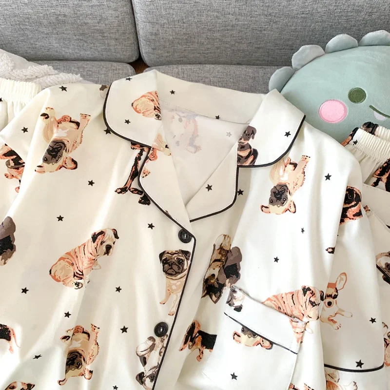 French Kawaii Cute Little Dog Print Women\'s 3pc Pajamas Y2k Cartoon Milk Silk Casual Nightgown 2024 New Autumn Chic Lazy Lounges