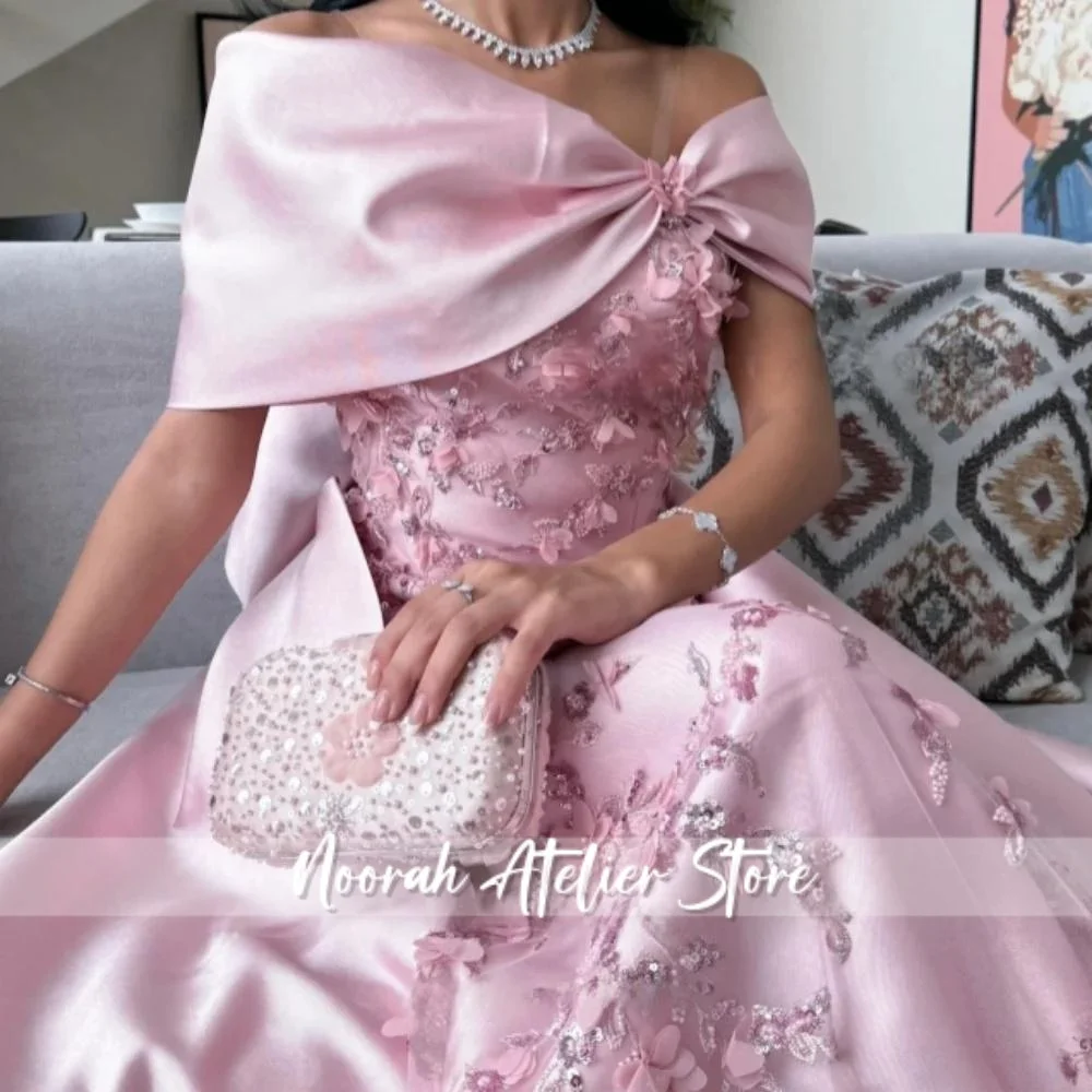 Vestidos de fiesta elegantes rosas con hombros descubiertos, apliques plisados, vestido de fiesta de satén con lazo 3D, vestidos de noche de sirena personalizados