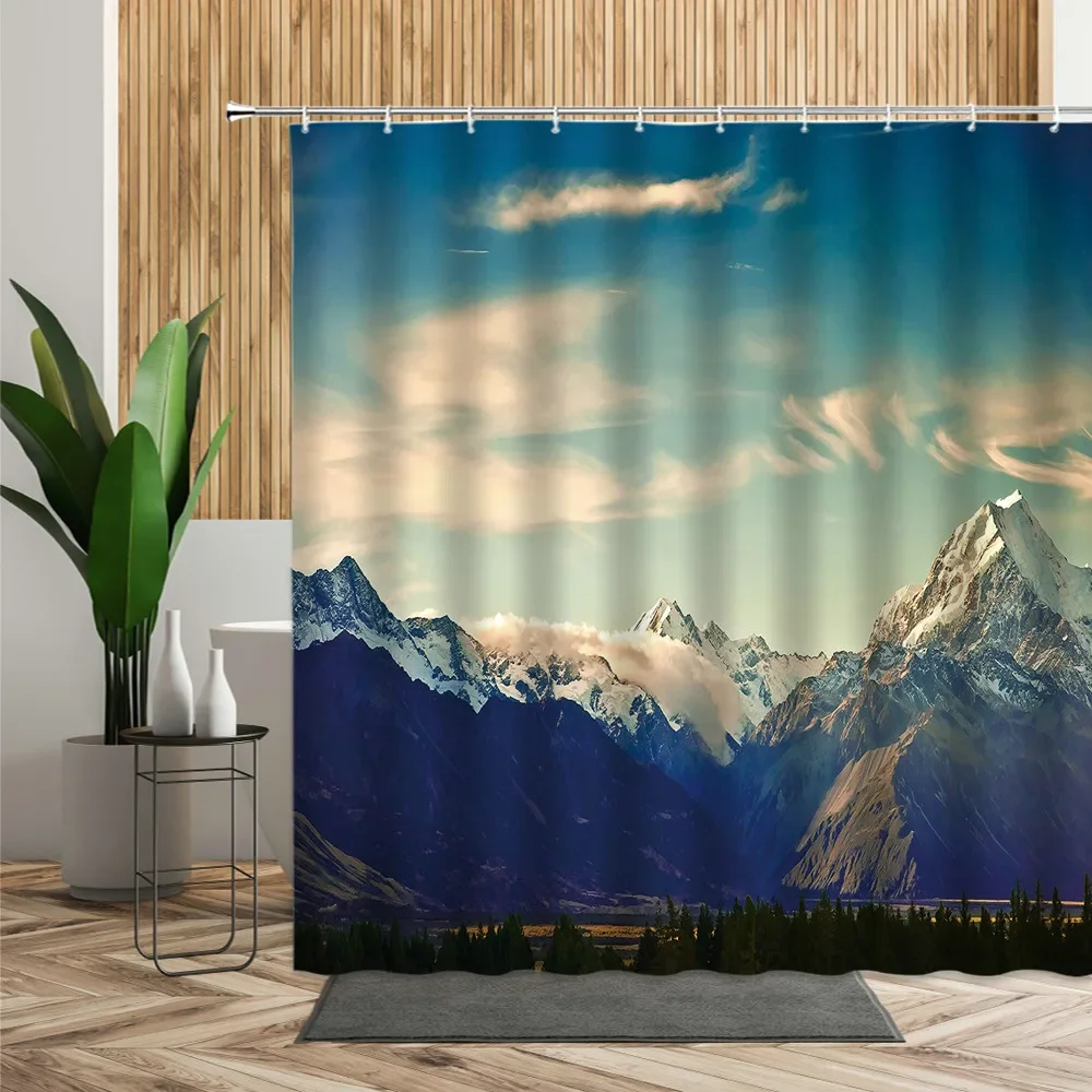 European Natural Scenery Shower Curtain Lake Mountain Forest Wooden House Landscape Bathroom Curtains Home Bathtub Screen Decor