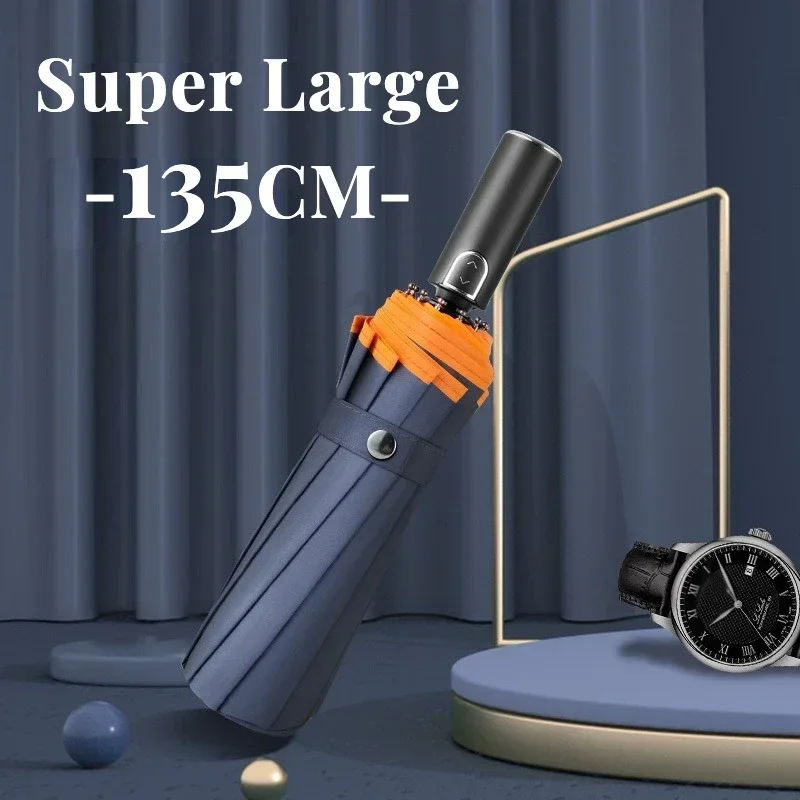 Large 135CM Automatic Folding Umbrella, Reinforced Windproof Strong, Safety Reflective, Big Sun and Rain Umbrellas for Men Women