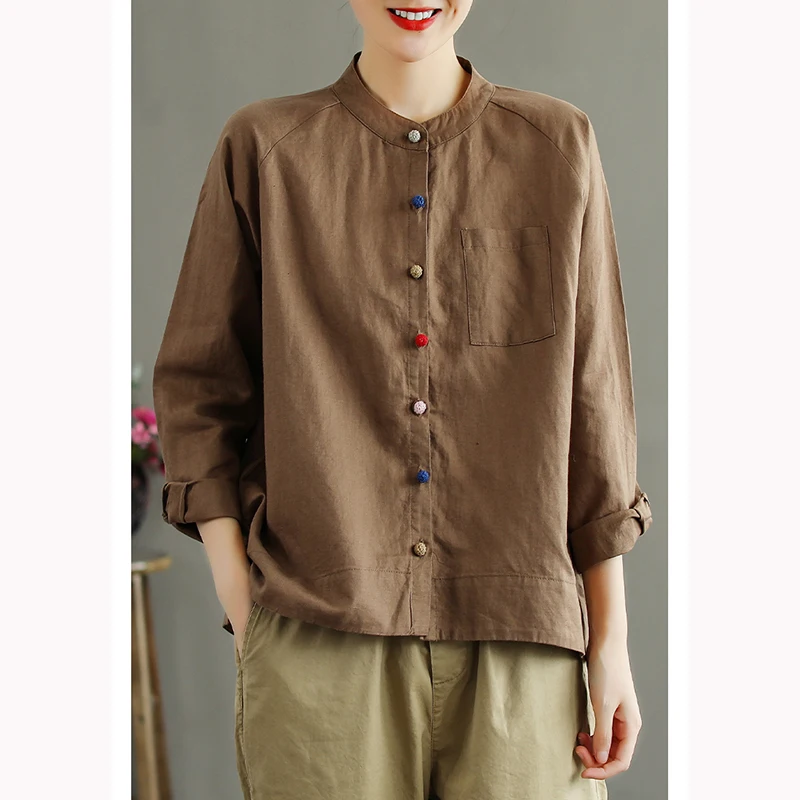 

Button Casual Cotton Linen irt Long Sve Stand Collar Patchwork ket plus Size Women's Clothing Linen Base Top