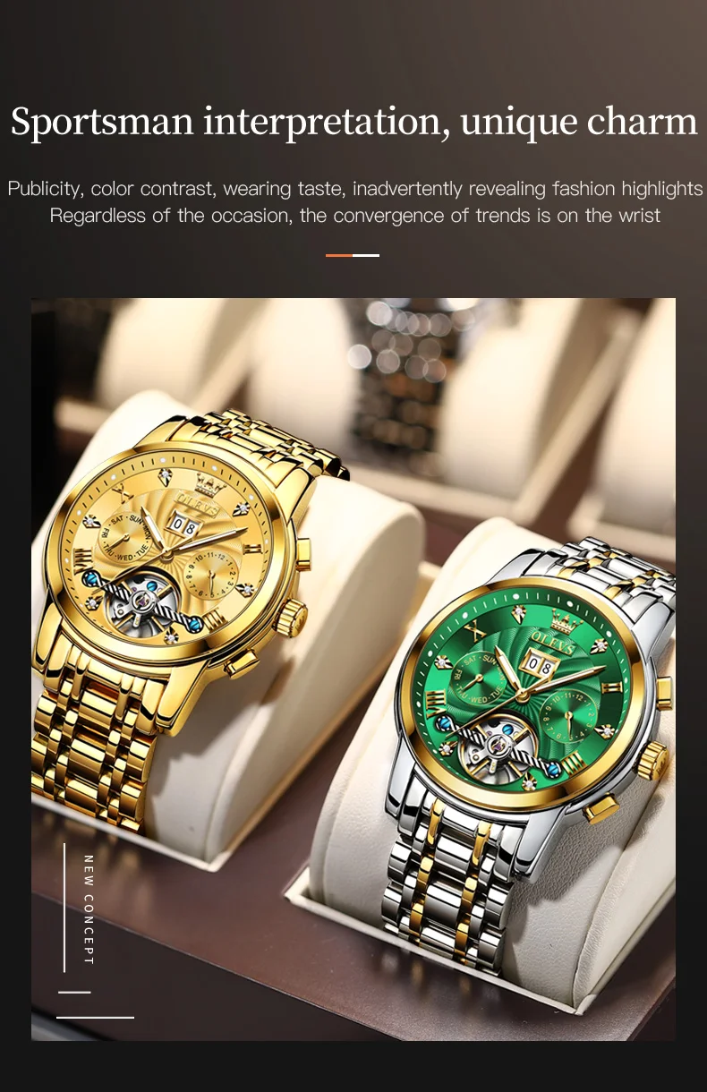 OLEVS 9910 Brand Original Authentic Watches for Man Luxury Gift Box Steel Belt Multifunctional Tourbillon Mechanical Men's Watch
