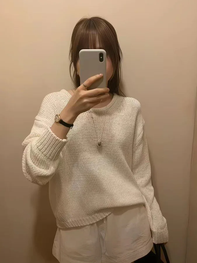 

Loose Women's Knitted Hollow out round Neck Sun Protection Cover up Casual Comfortable Cotton Long Sleeve Simple Style
