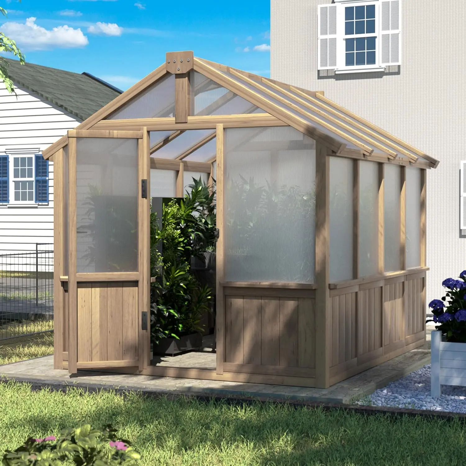 

6x8 FT Greenhouse Kit for Outdoor, Polycarbonate Wooden Walk-in Green House with Lockable Door and Adjustable Roof Vent