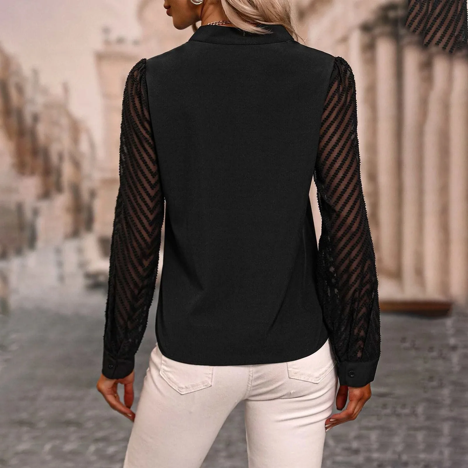 Elegant Women\'s Solid Shirt Summer V Neck Spliced Chiffon Long Sleeve Blouses Top Sleeve Mesh Ladies Shirts Formal Blusa Mujer