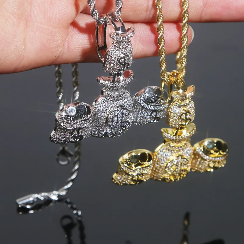 2024 New Iced Out Money Bag Pendant Necklace for Men Gold Silver Plated Prong Setting Bling Rich Charms Hip Hop Jewelry