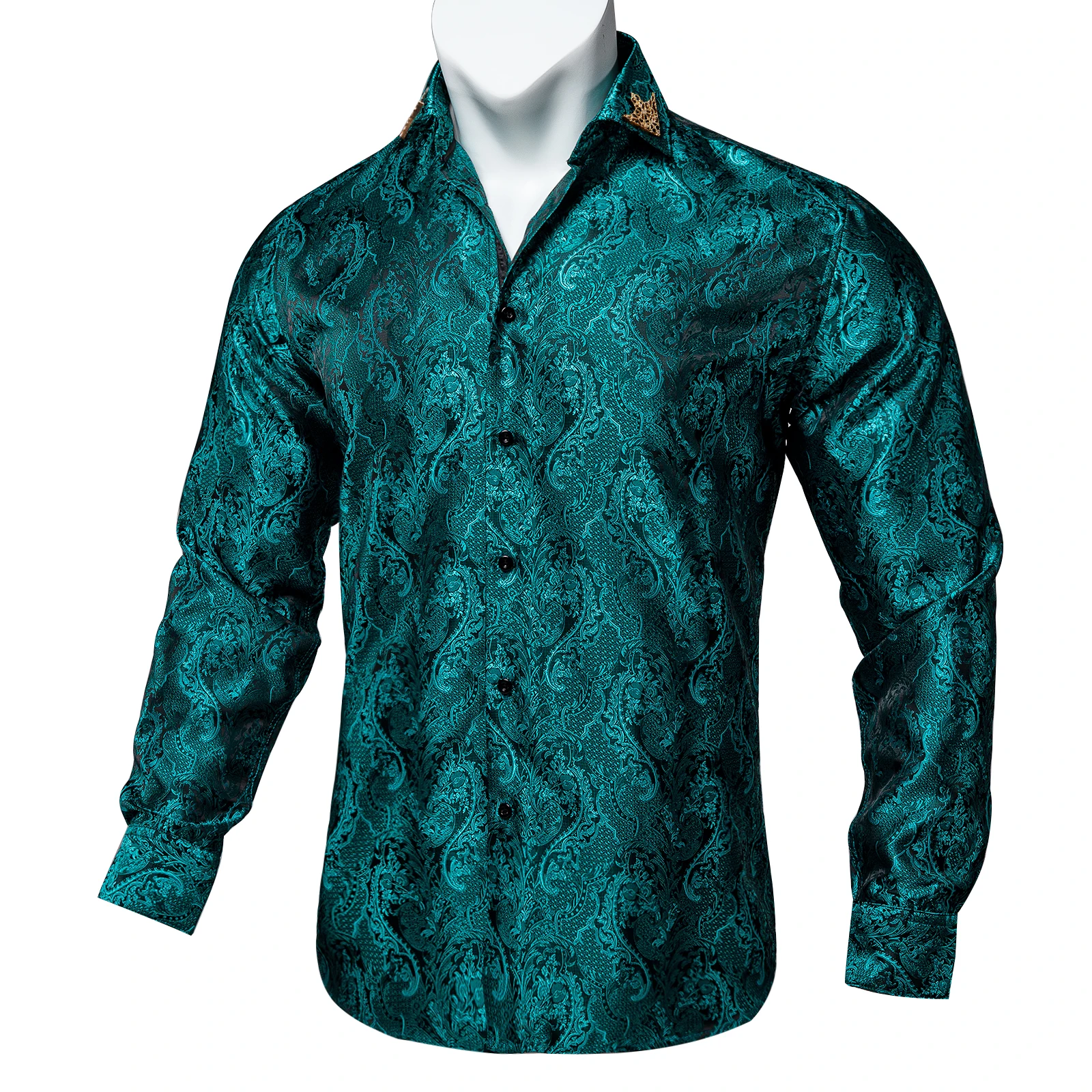 Fashion Men Shirt Green Blue Business Long Sleeve Turn-down Collar Shirts Floral Paisley Causal Party Brand Male Button Blouses