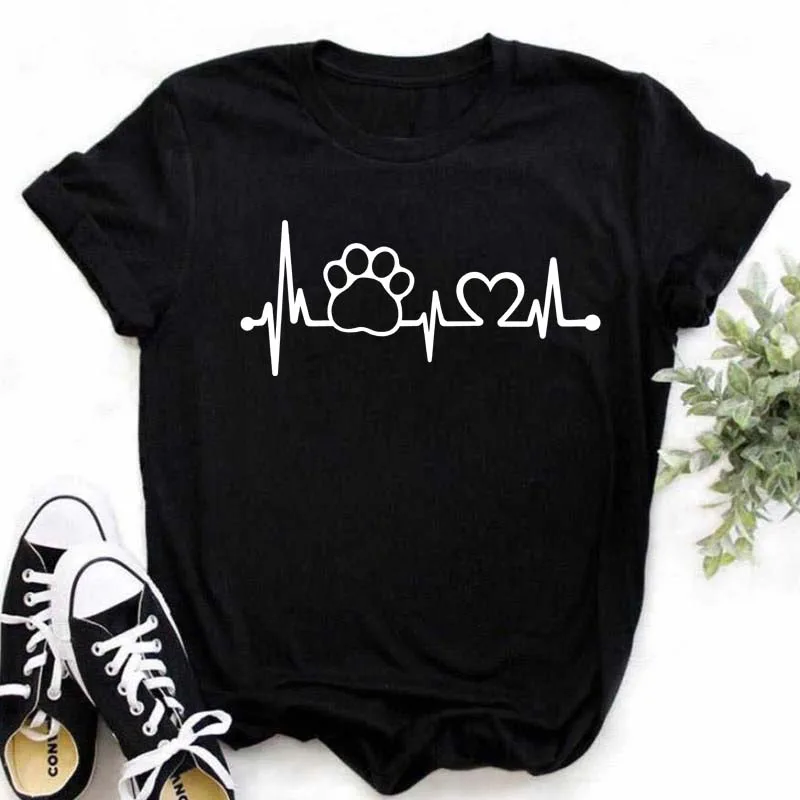 Women Black T shirt Funny Dog Paws Heart Graphic Printed Lady Tshirt Black Tops Clothing Fashion Short Sleeve female Tee shirt