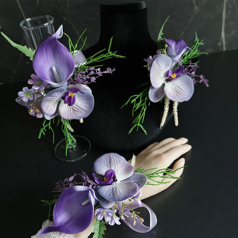 

25021 Taro color Bohemian Rose Flower Corsage & Wristlet Set - Perfect for Brides, Groomsmen, and Wedding Decorations