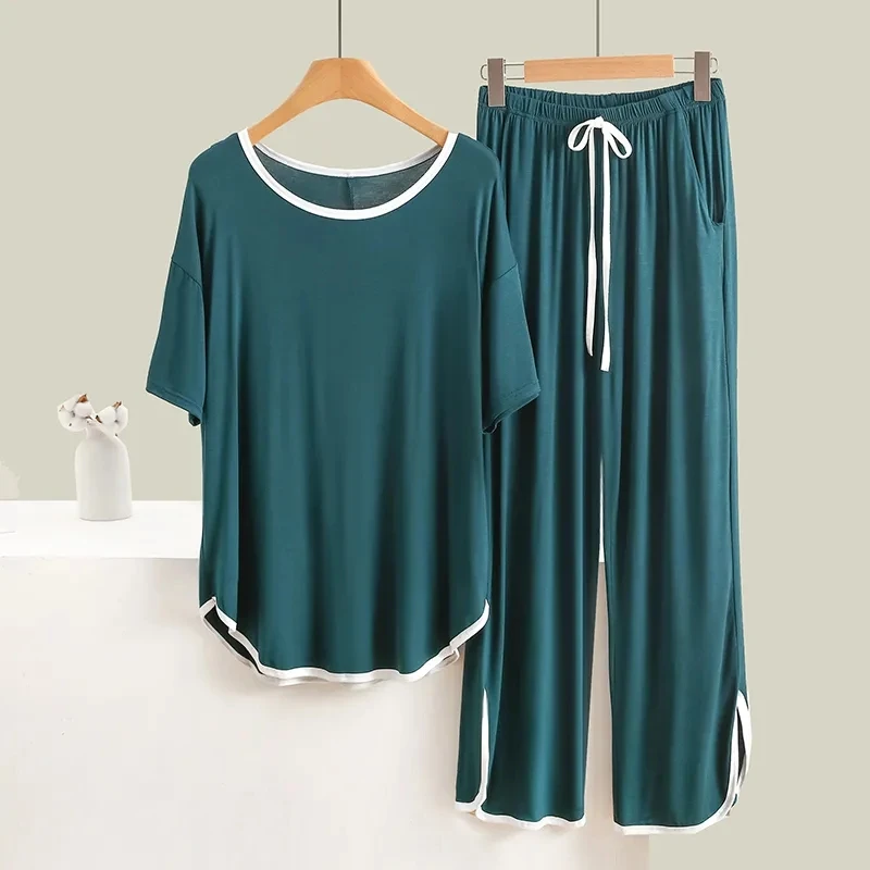 Large Size 6XL 150KG Summer Women Pajamas Set Short Sleeve Tops and Pants Solid Color Sleepwear Pajamas Suit Home wear