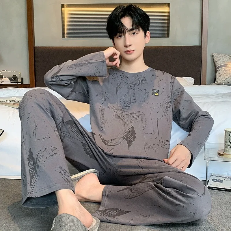 INS Korean High-Grade Simple Long sleeve Trousers Spring and Autumn Pajamas Men Simple Comfortable Home Wear Set pyjama homme