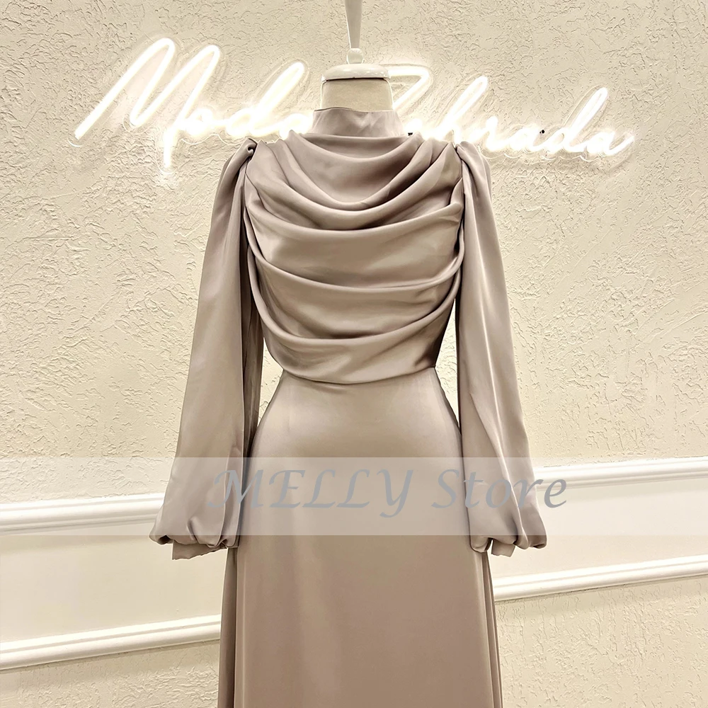 Casual High Neck Abendkleider Für Frauen Puff Long Sleeves Party Kleider Satin Meerjungfrau Bodenlangen Vestidos De Ocasión Formales