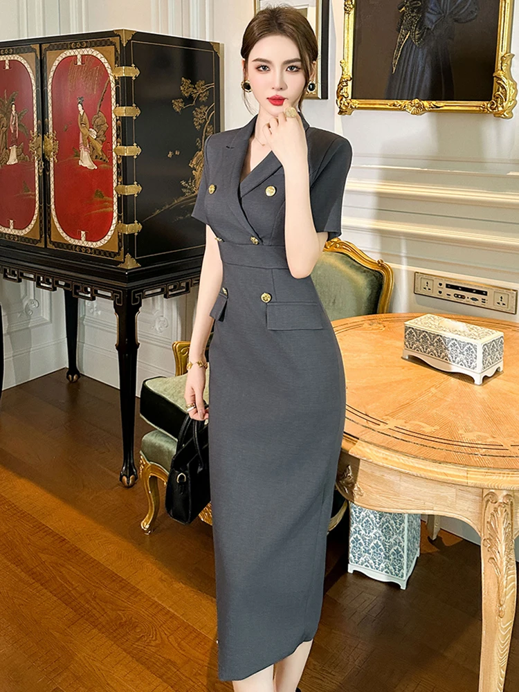 Fashion Elegant Midi Dress Women\'s Professional Business Style Short Sleeve Double Breasted Slit Robe Office Lady Work Vestidos
