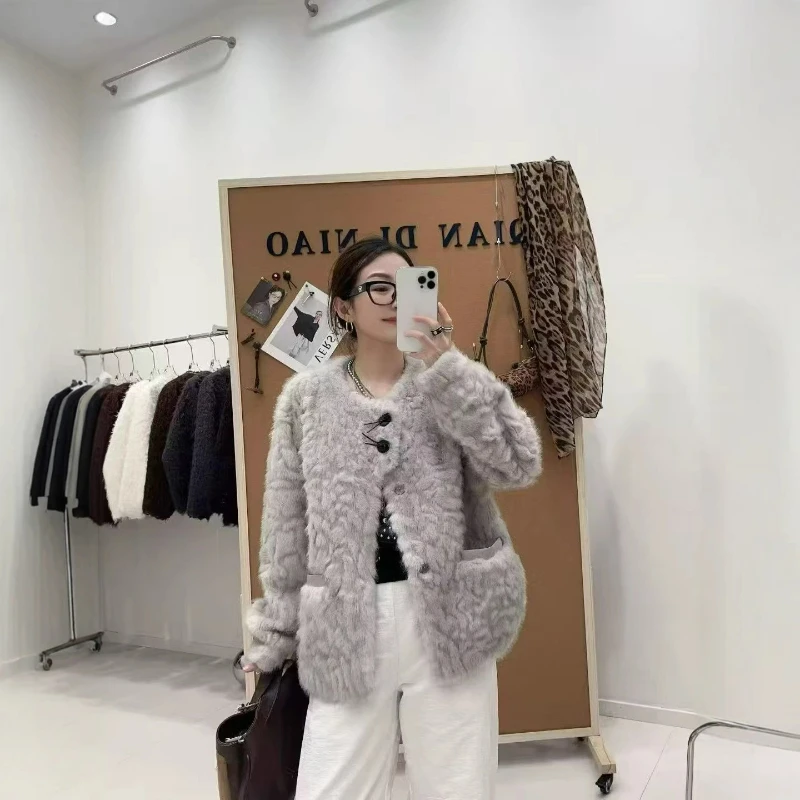 Umweltfreundlicher Pelz-Rundhalsausschnitt, einreihiger Kurzmantel für Damen, 2026, Herbst und Winter, modisch, elegant, floraler Fuchs, Nerz, warme Jacke