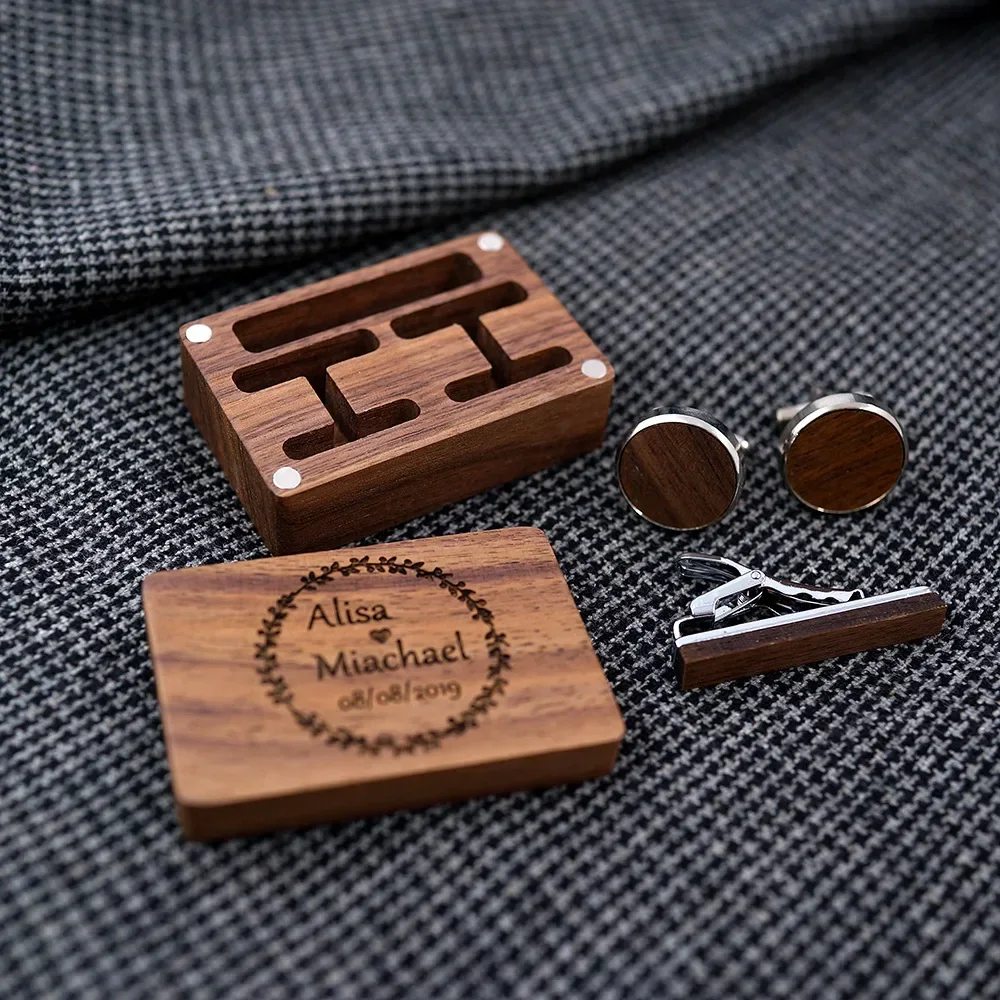 Free LOGO Rustic Walnut Wooden Round Cufflinks Tie Clips Set for Men with Wooden Organizer Box Father's Day Gift